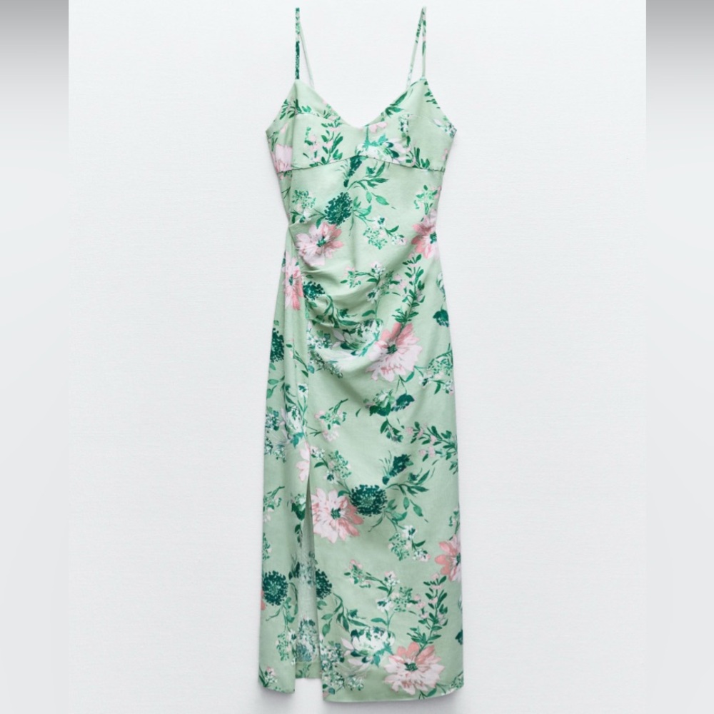 Zara Floral Green Spaghetti Strap Dress NWT linen blend